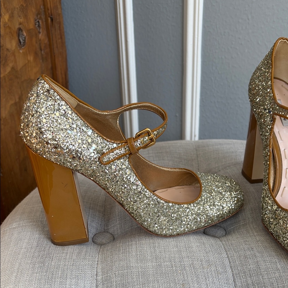 Miu Miu Gold Glitter Mary Jane Block Heels – Size 37.5 - Picture 4 of 15